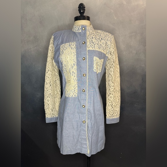 Vintage Lacy Afternoon by Shell Kepler Chambray & Lace Shirt Dress - Size M - Picture 1 of 12